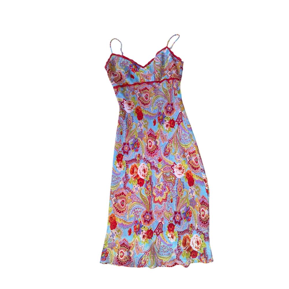Vintage Y2K Le Chateau Vibrant Floral Paisley Midi Slip Dress Lace Trim Red  M